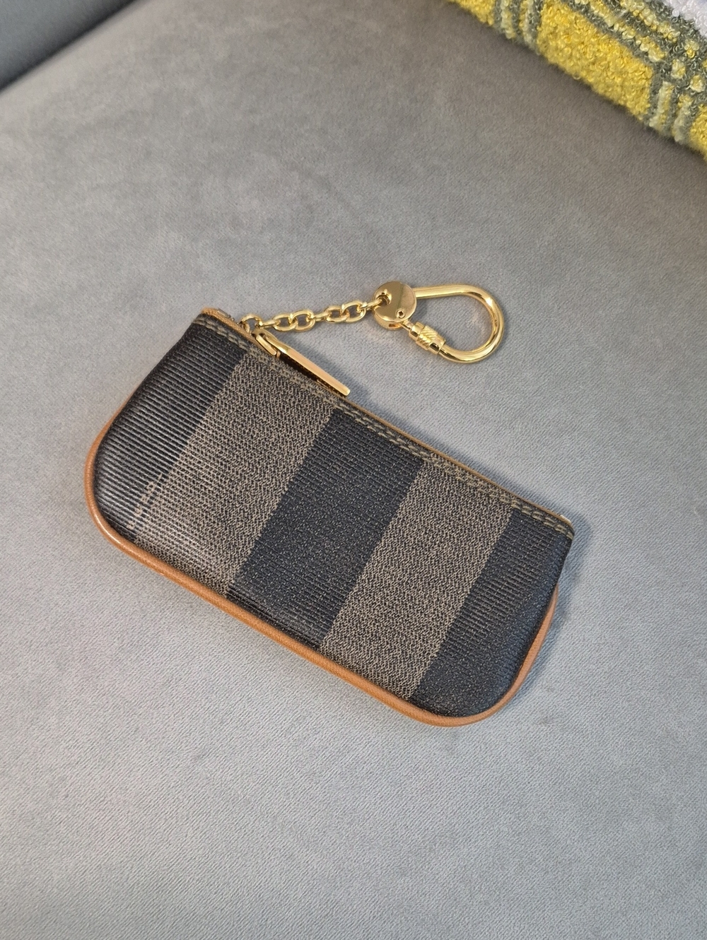 FENDI Pequin Striped Black and Brown Key Pouch with Gold Chain